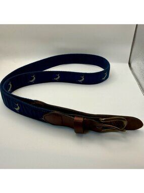 Leather Man Men’s Navy Canvas Belt Size 40 Embroidered Marlin Fish Leather Trim